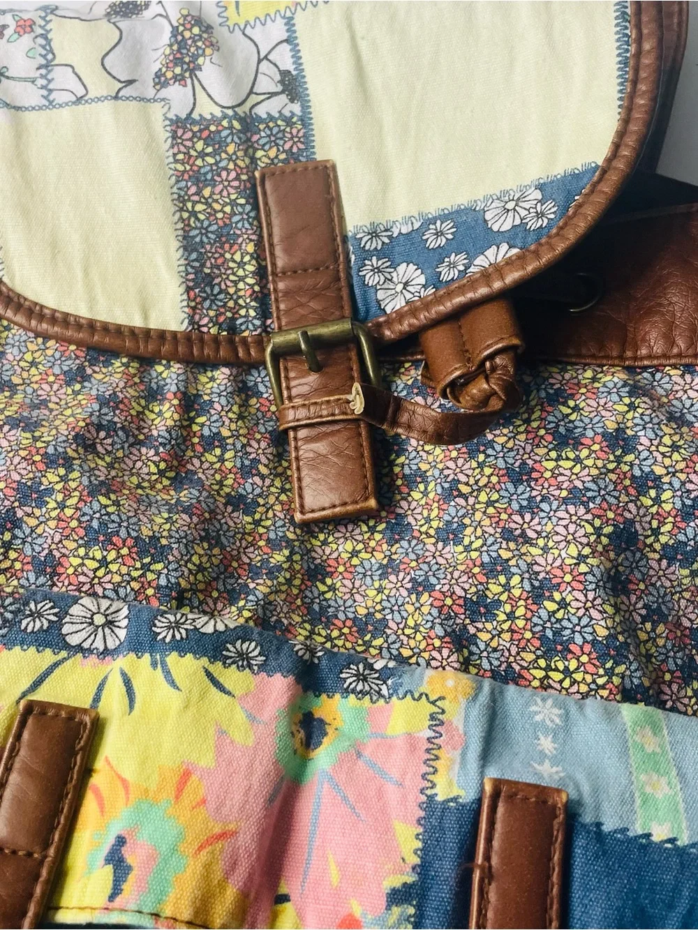 Boho Style Backpack Floral And Quilted Patchwork Faux Leather